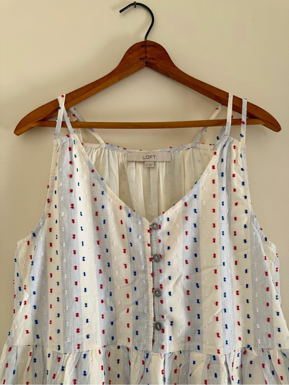 LOFT White Sleeveless Button-Front Midi Dress with Red & Blue Dot Motif - Picture 3 of 3